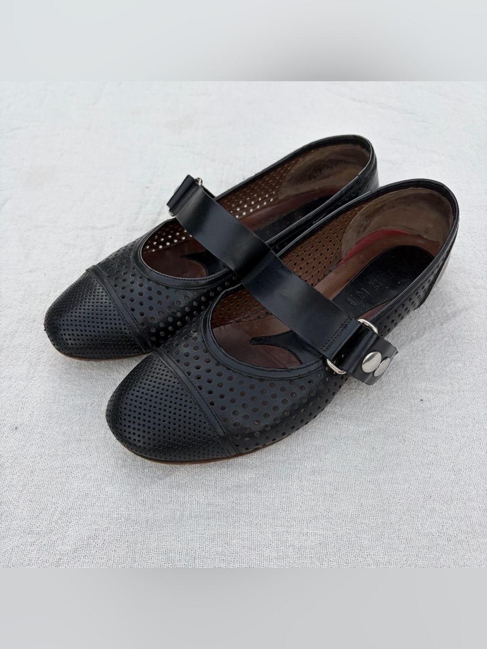 Marni Black Leather Perforated Mary Jane Flats, Grunge Ballet Flats, Streetwear